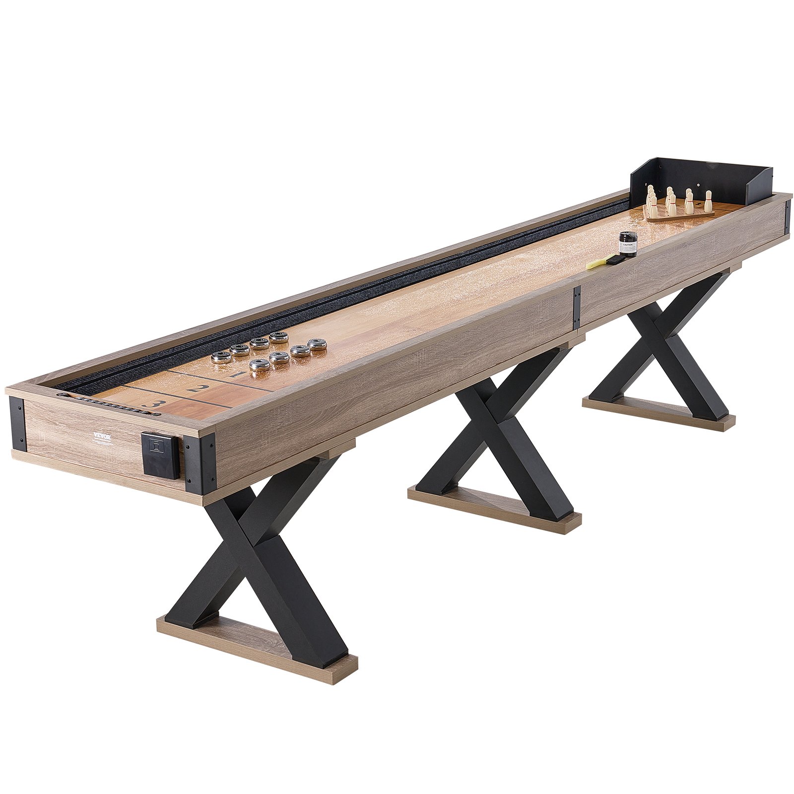 VEVOR Shuffleboard Table, 11.5 Foot Shuffleboard for Family Game Room, 2-in-1 Shuffleboard and Bowling Combo Game Set, with Scratch-Resistant Playing Surface, Legs, 8 Pucks, Bowling Set, Wax and Table Brush
