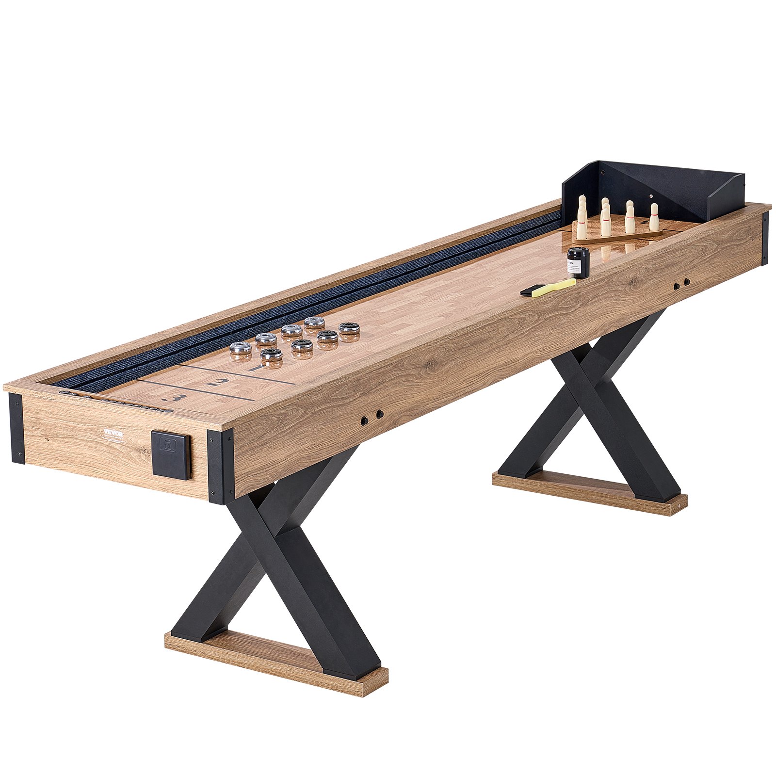 VEVOR Shuffleboard Table, 9 Foot Shuffleboard for Family Game Room, 2-in-1 Shuffleboard and Bowling Combo Game Set, with Scratch-Resistant Playing Field, Legs, 8 Pucks, Bowling Set, Wax and Table Brush