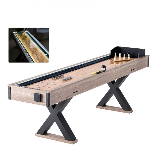 VEVOR Shuffleboard-Tisch, 9 Fuß langes Shuffleboard mit LED-Beleuchtung für das Familienspielzimmer, 2-in-1-Shuffleboard- und Bowling-Kombispielset, mit kratzfestem Spielfeld, Beinen, 8 Pucks, Bowlingset, Wachs, Bürste
