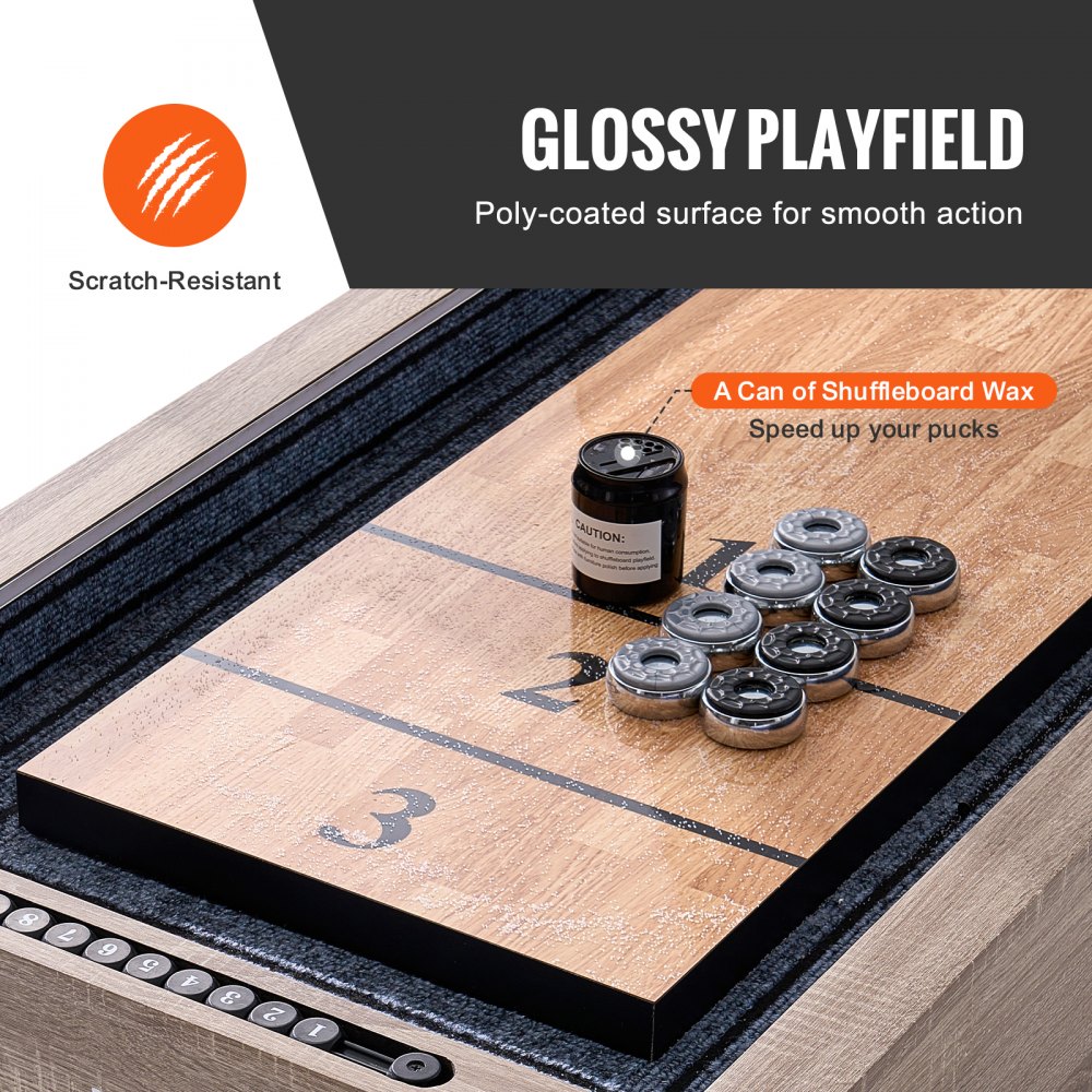 VEVOR Shuffleboard-Tisch, 9 Fuß langes Shuffleboard mit LED-Beleuchtung für das Familienspielzimmer, 2-in-1-Shuffleboard- und Bowling-Kombispielset, mit kratzfestem Spielfeld, Beinen, 8 Pucks, Bowlingset, Wachs, Bürste