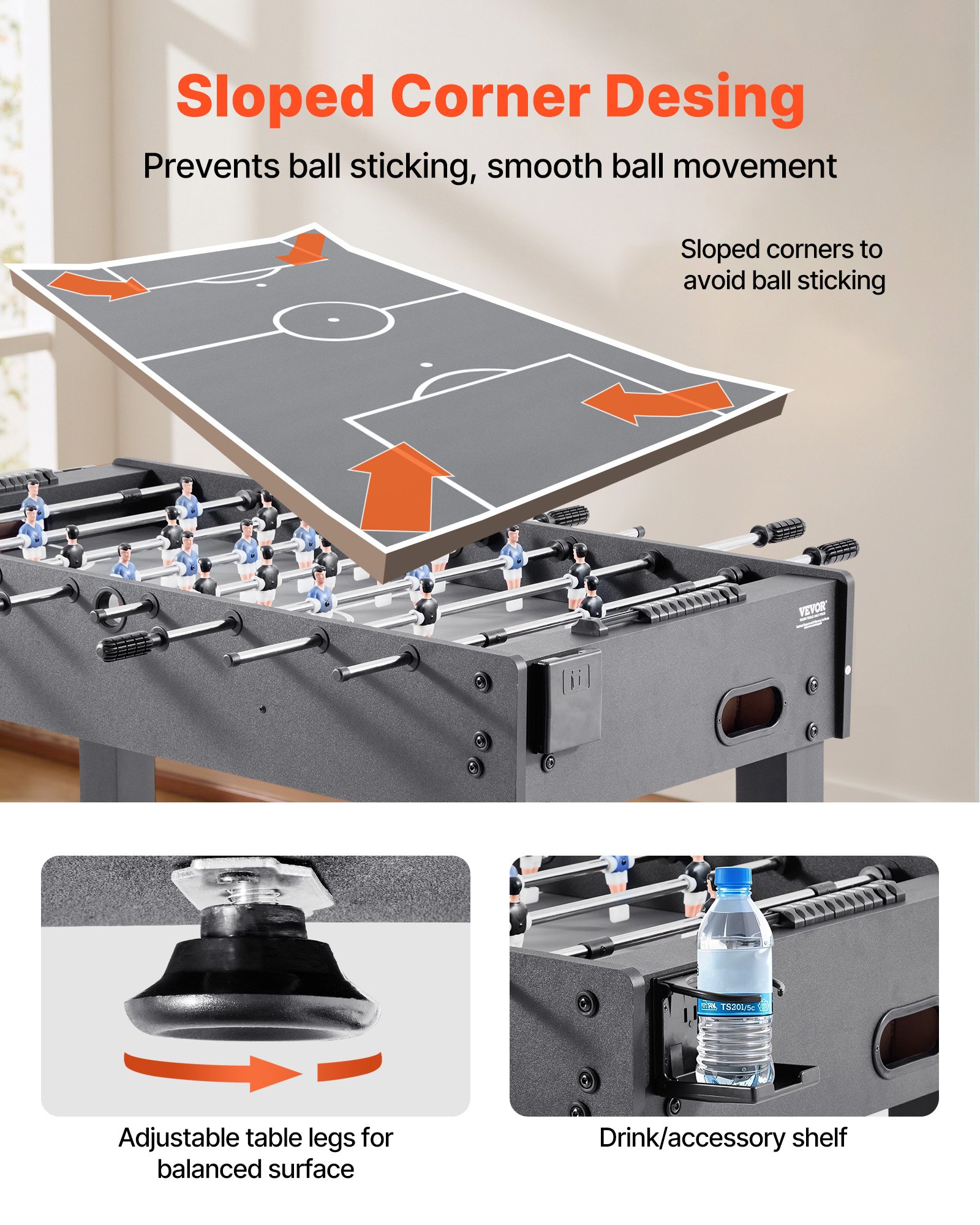 VEVOR Tischfußballtisch in Standardgröße (1212 x 610 x 838 mm), Indoor-Kickertisch für Zuhause, Familie und Spielzimmer, langlebiges Set, inkl. 2 Bällen & Punktezähler & 2 Getränkehaltern