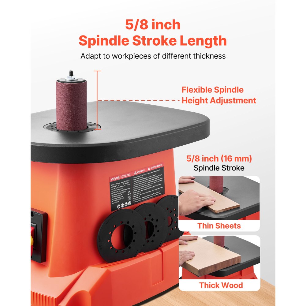 VEVOR Oszillierender Spindelschleifer, 2000 U/min Spindelschleifmaschine mit 6 Hülsen (12,7–76,2 mm), 16 mm Hub & 397x295 mm Gusseisentisch für Möbelveredelung,  Kunsthandwerk & Holzbearbeitung