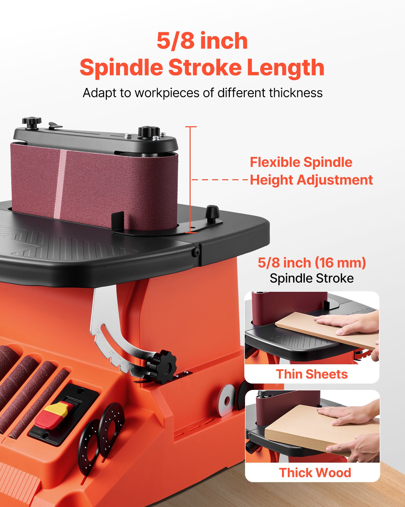 VEVOR Oszillierender Spindelschleifer, 2000 U/min Spindelschleifmaschine mit 16 mm Hub, 5 Hülsen (12,7–50,8 mm) & 610x98 mm Schleifband für Holzbearbeitung, Möbelschleifen, Heimwerkerprojekte