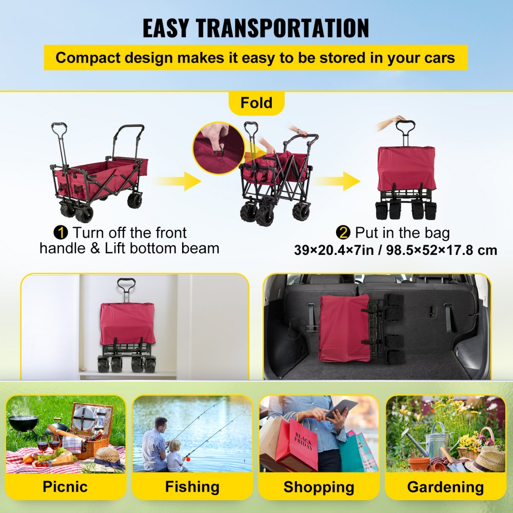 VEVOR Opvouwbare bolderkar, 92,7 x 54,3 x 98,5 cm, handwagen, opvouwbaar, 100 kg, rode bolderkar, dak, luchtbanden, 600D Oxford polyester, inklapbare handwagen met 2 klittenbandbanden, voor