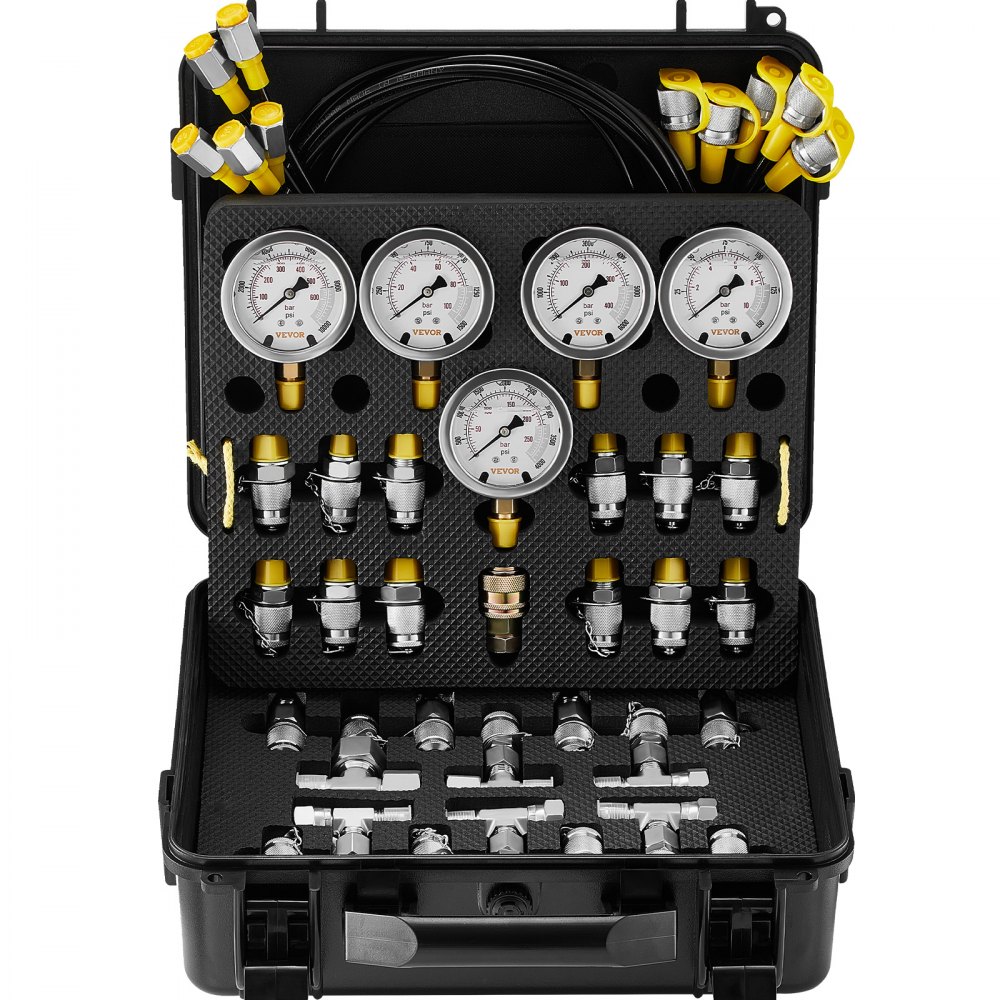 Produktbild von Hopzty Hydraulik-Drucktestkit – 5 Manometer (10–600 Bar), 13 Kupplungen, 14 T-Stücke, 5 Schläuche – Für Bagger, Traktoren & Maschinen