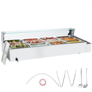 VEVOR Kommerzieller Speisenwärmer mit 5 x 8 Qt Behältern, elektrischer Dampftisch mit Glasabdeckung, 1700 W Arbeitsplatte aus Edelstahl, Buffet- Bain-Marie, 30–85 °C Temperaturregelung für Gastronomie