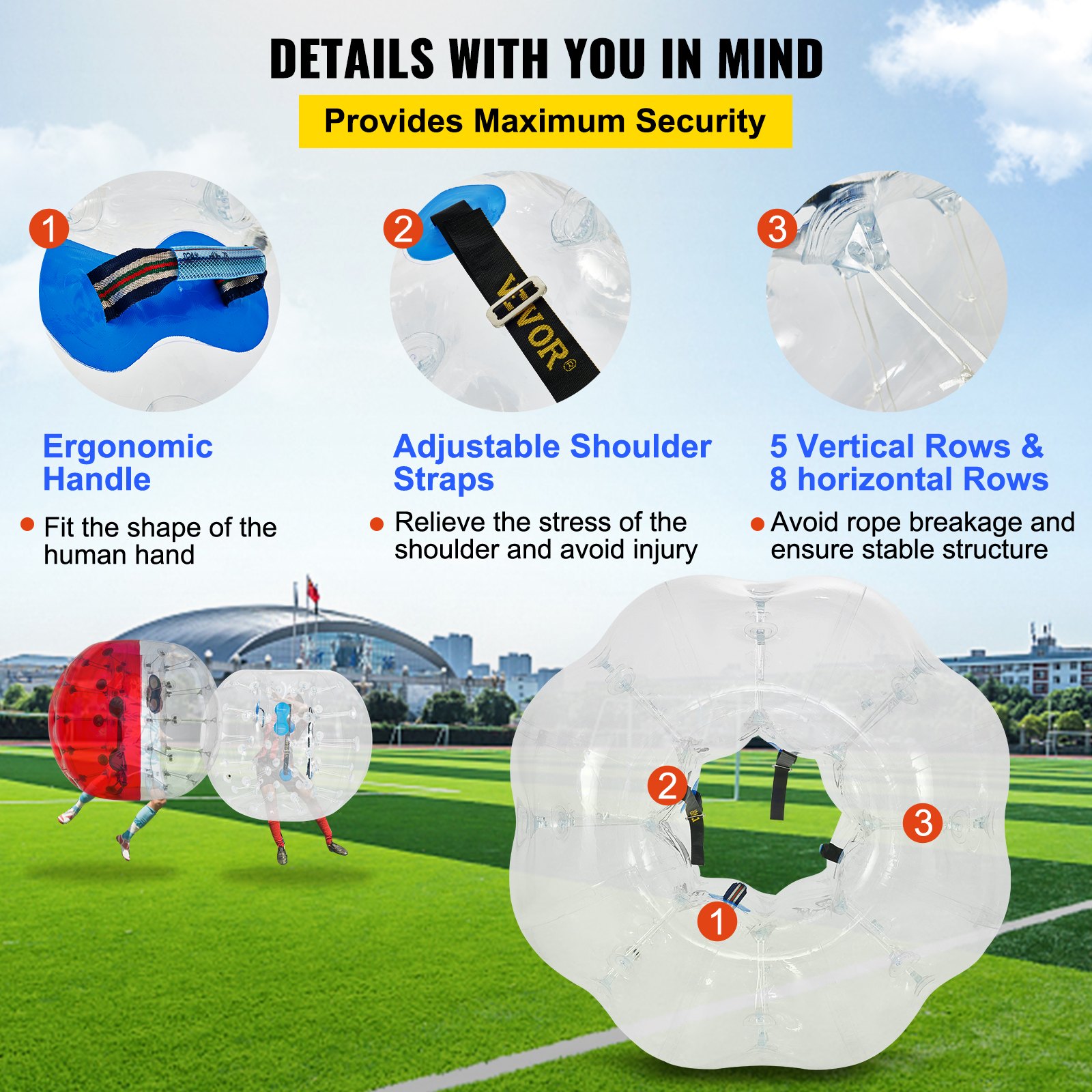 Pelota de choque inflable VEVOR con asas ergonómicas y correas de hombro ajustables.