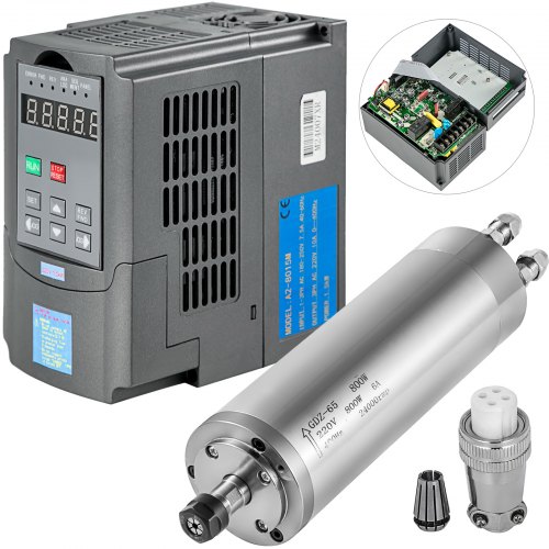 VEVOR Kit de Motor del Husillo Refrigerado por Agua 0,8KW ER11 0-24000 r/min + Variador de Frecuencia VFD 2HP 1,5KW 1 o 3 Fases Combinación Eficiente Motor del Husillo CNC y Convertidor de Frecuencia