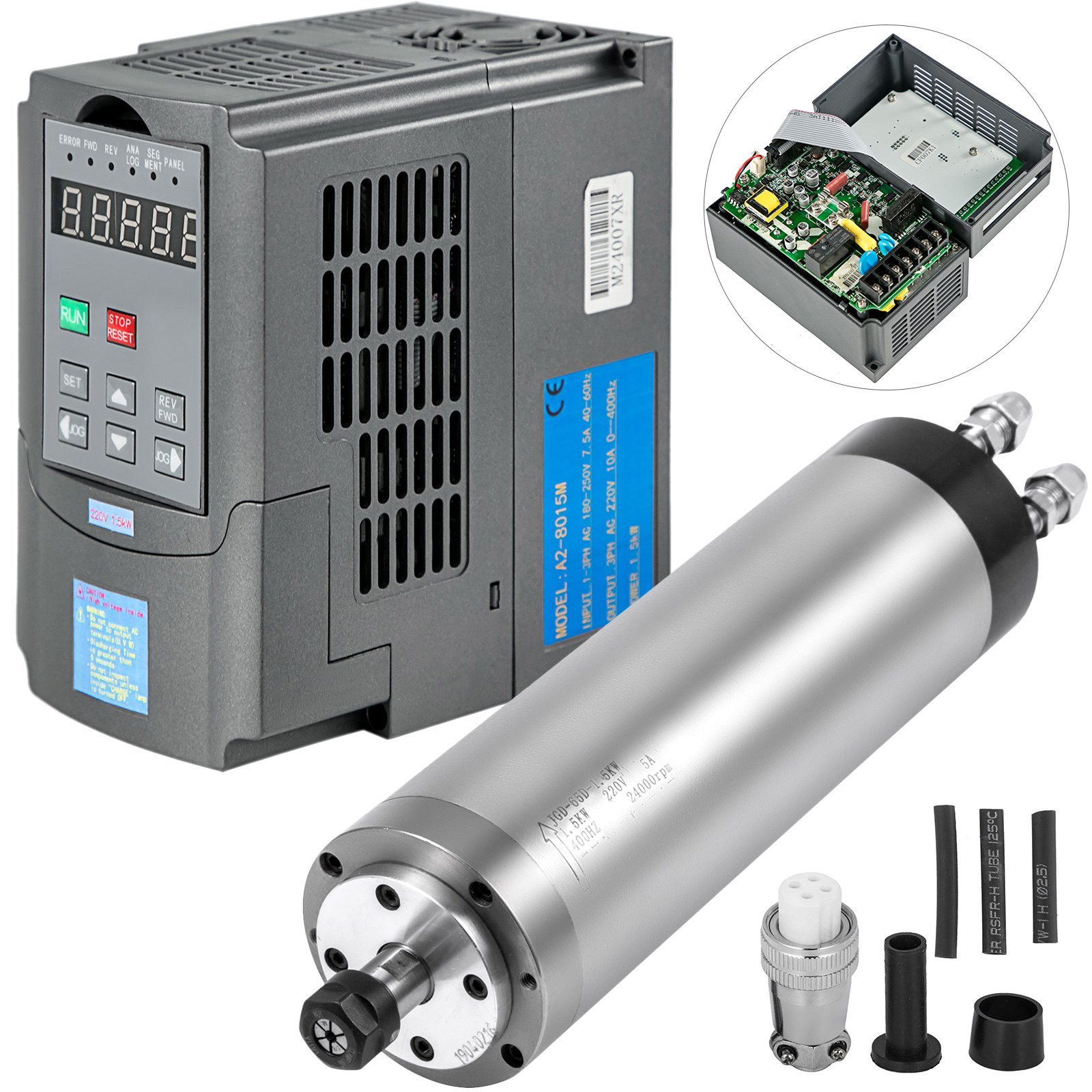 VEVOR Kit de Motor del Husillo Refrigerado por Agua 1,5KW ER11 8000-24000 r/min + Variador de Frecuencia VFD 2HP 1,5KW 7A VFD Combinación Eficiente Motor del Husillo CNC y Convertidor de Frecuencia