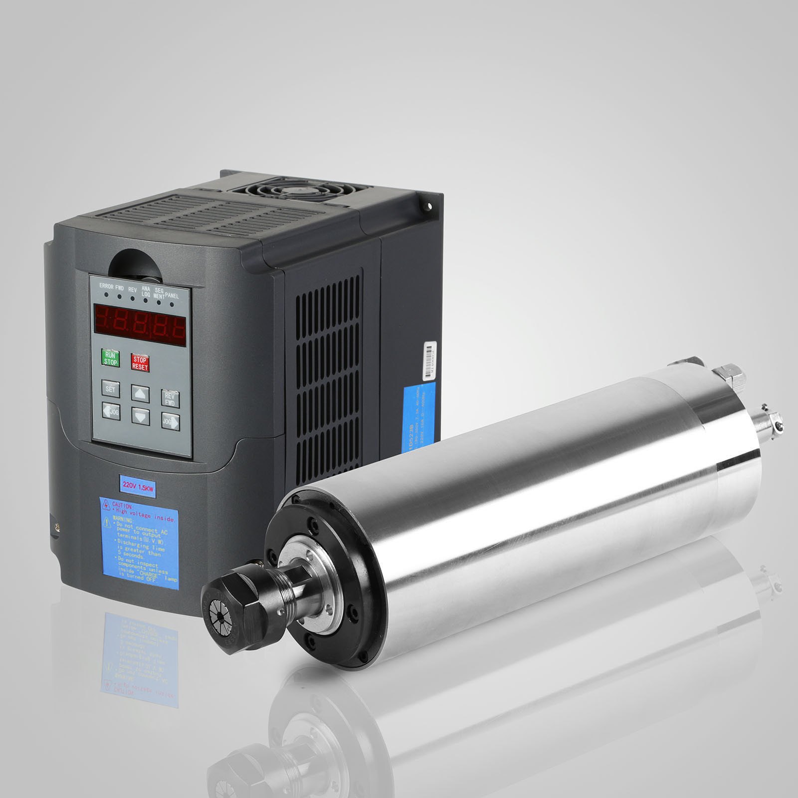 VEVOR 1,5 KW con Refrigeración por Agua Motor de Giro 65 x 188 mm 1,5 KW 8000-24000 R/min 220V~250V ER11(3,175mm,4mm,6mm) Mandril de Pinza, 1,5KW Variador de Frecuencia 208-240VAC 48-63Hz 1 y 3 Fases