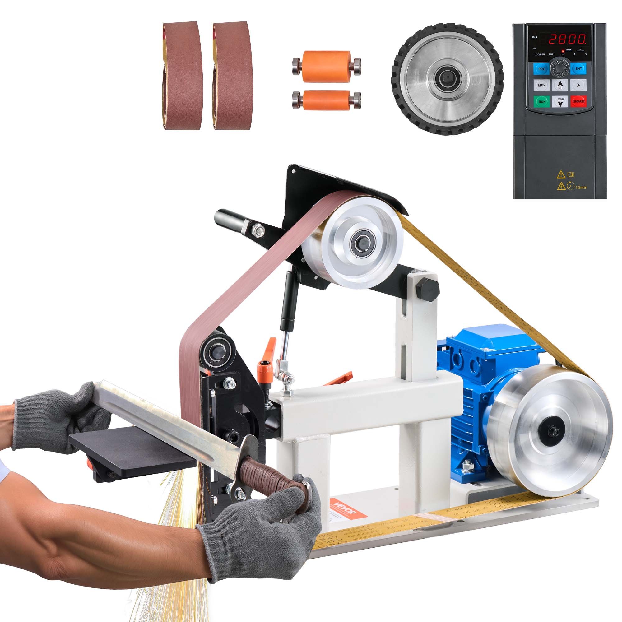 VEVOR Lijadora de Banda, 1500 W Lijadora Eléctrica de Correa con Motor de Cobre Puro, Velocidad Variable 0-2800 r/min, Tamaño de Cintas 5 x 208 cm, Lijadora Pulidora Amoladora para Pulir Herramientas