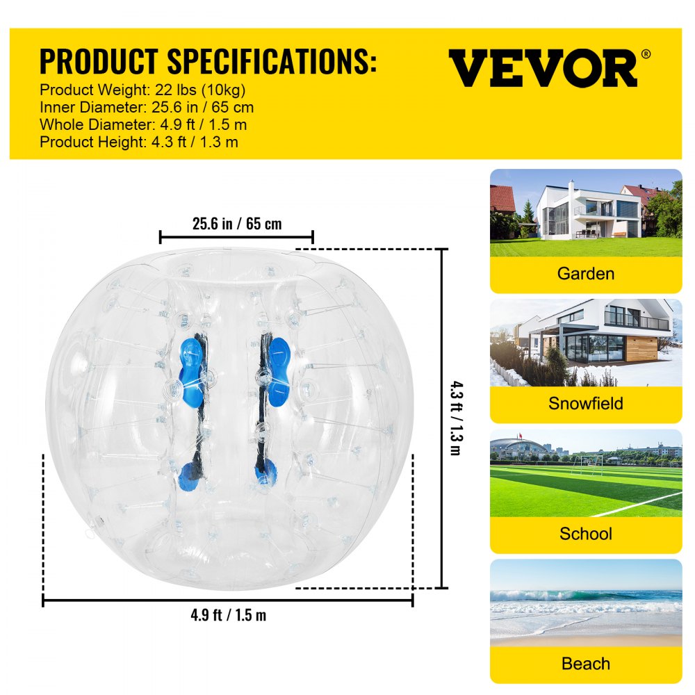 Pelota de parachoques inflable VEVOR, 4,9 pies de diámetro, 4,3 pies de altura, uso en jardín, campo de nieve, playa.