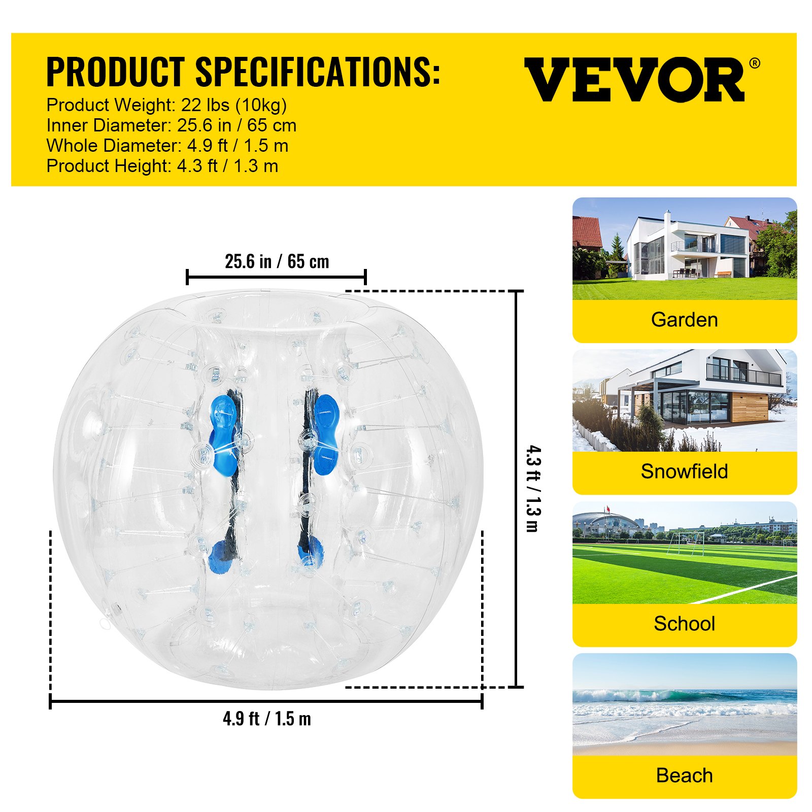 Pelota de parachoques inflable VEVOR, 4,9 pies de diámetro, 4,3 pies de altura, uso en jardín, campo de nieve, playa.