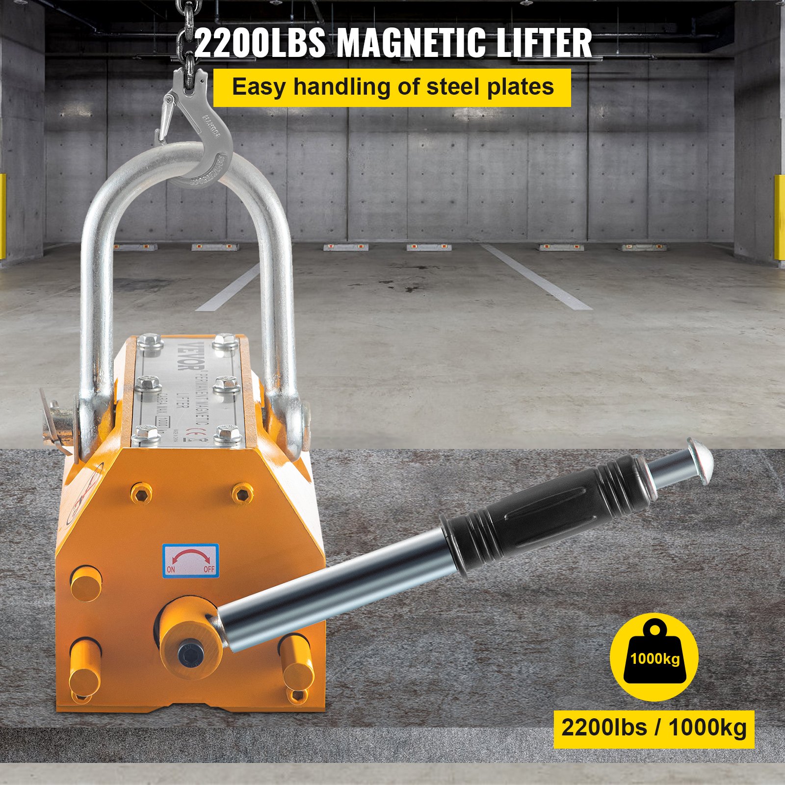 VEVOR Elevador Magnético de Acero de 1,000kg, Imán de Elevación de Grúa de Elevación, de Alta Resistencia Amarillo, Elevador Magnético con Imán Duradero Flexible, Levantamiento Magnético