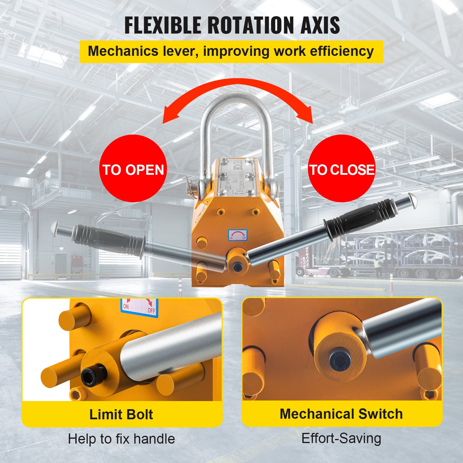 VEVOR Elevador Magnético de Acero de 1,000kg, Imán de Elevación de Grúa de Elevación, de Alta Resistencia Amarillo, Elevador Magnético con Imán Duradero Flexible, Levantamiento Magnético