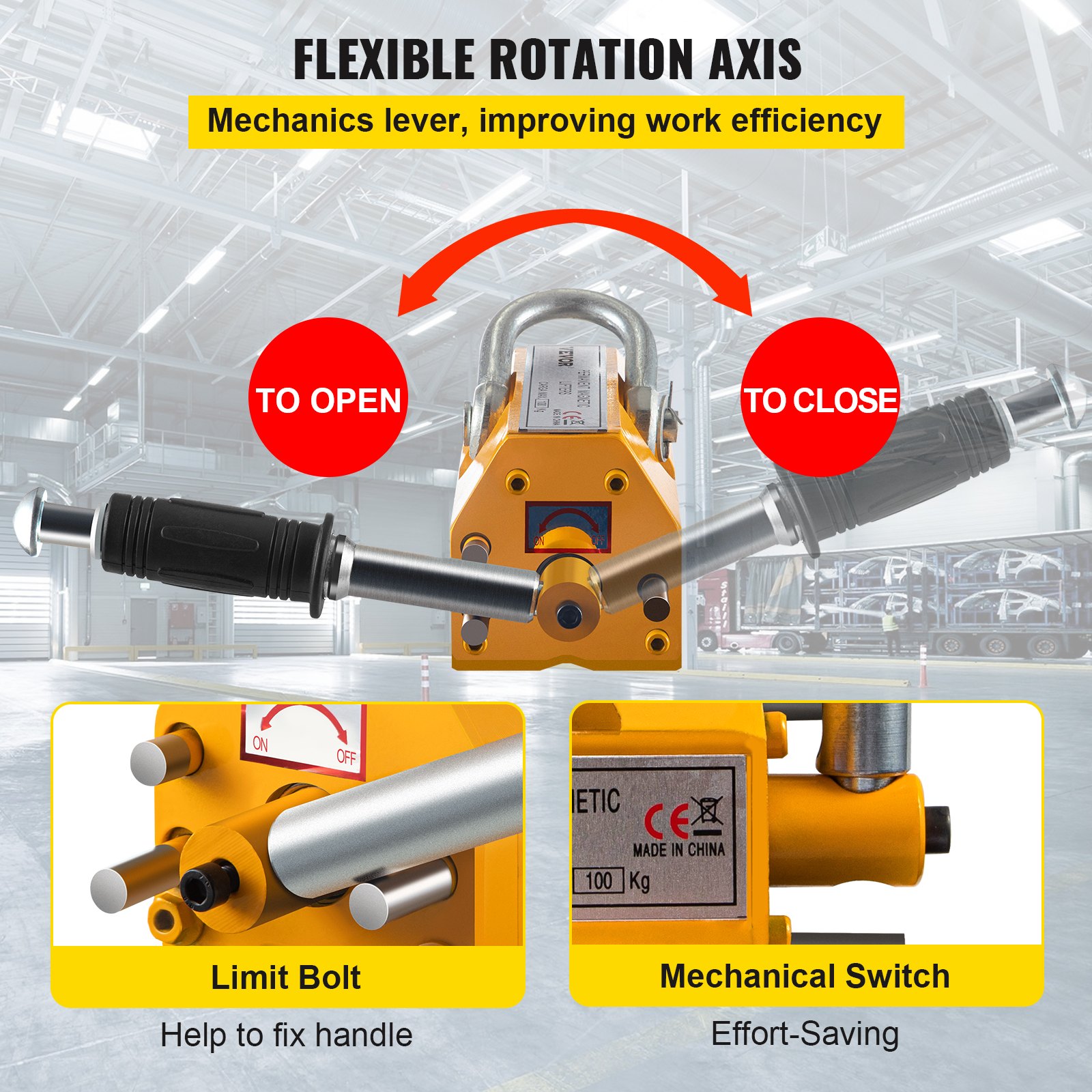 VEVOR Imán Cabrestantes Permanente Magnético 100KG, Elevador Magnético de Acero Amarillo, de Alta Resistencia Amarillo, Elevador Magnético con Imán Duradero Flexible, Levantamiento Magnético
