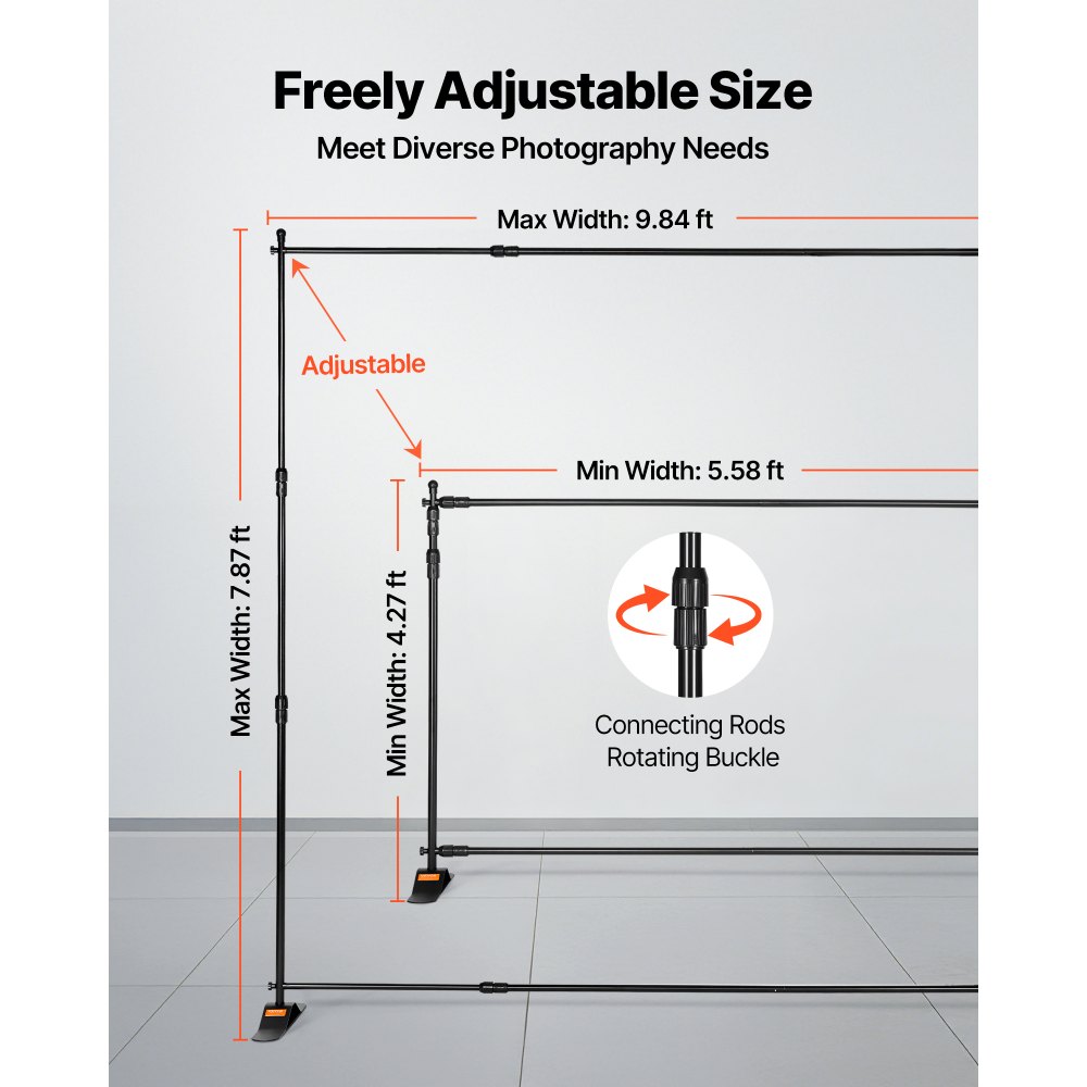 VEVOR Soporte para Fondos de Fotografía, 66 "- 120" Anchura Ajustable Soporte de Banner para Telón de Fondo Altura 37 "- 96" Negro para Feria Comercial Ligero Telescópico Ajustable Expositor