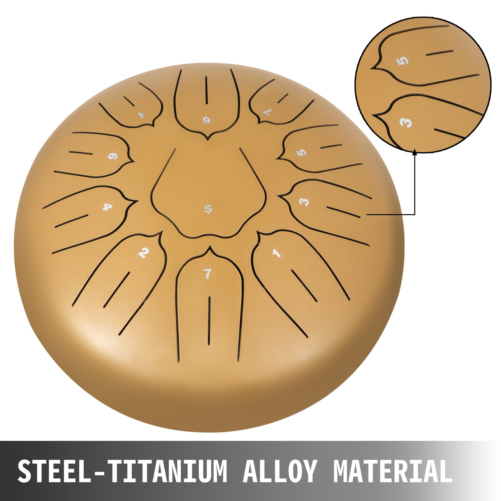 VEVOR Tambor de Lengua de Acero 11 Notas, Handpan de 25 cm, Tambor de Acero Colgante Dorado, Instrumentos de Percusión de Tambores de Acero con Bolsa, Libro, Mazas y Soporte de Mazo