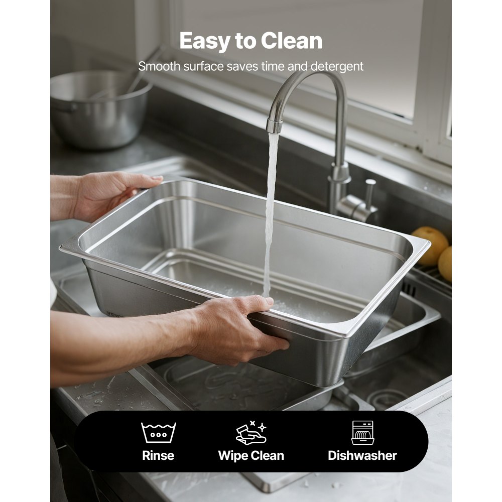 VEVOR Stainless Steam Hotel Pan, Full Size x 145mm Deep, 20.5L Table Steam Pan, Anti Jam Restaurant Supplies Reusable Rustproof Catering Storage for Home, Party, Restaurant, Hotel, Buffet, 1 Pack