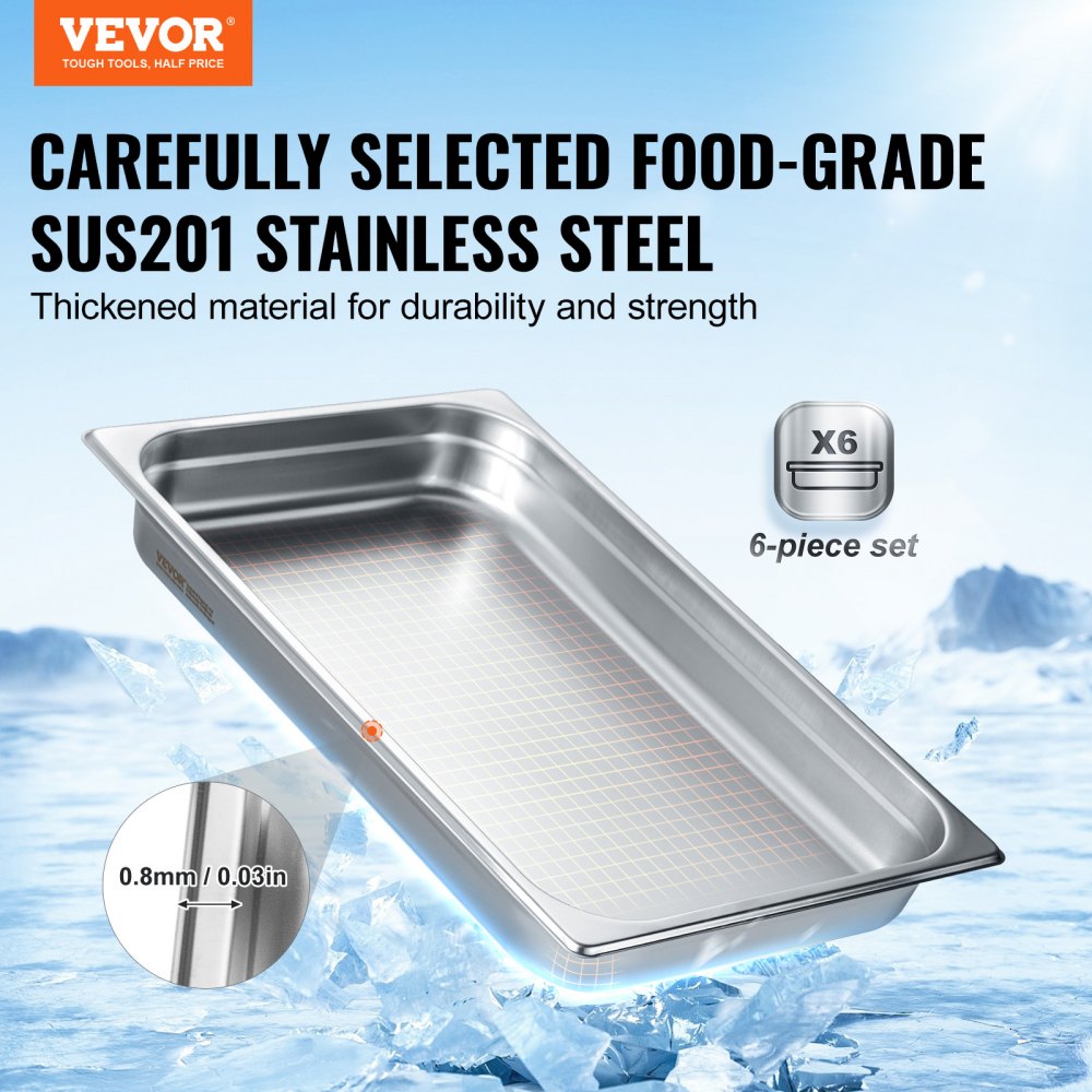 VEVOR Paquete de 6 Sartenes de Alimentos de Hotel, Sartén de Vapor Antiatasco de Tamaño Completo, Acero Inoxidable de 0,8 mm de Espesor, para Catering, para Industria y Ciencia, 530 x 328 x 67 mm