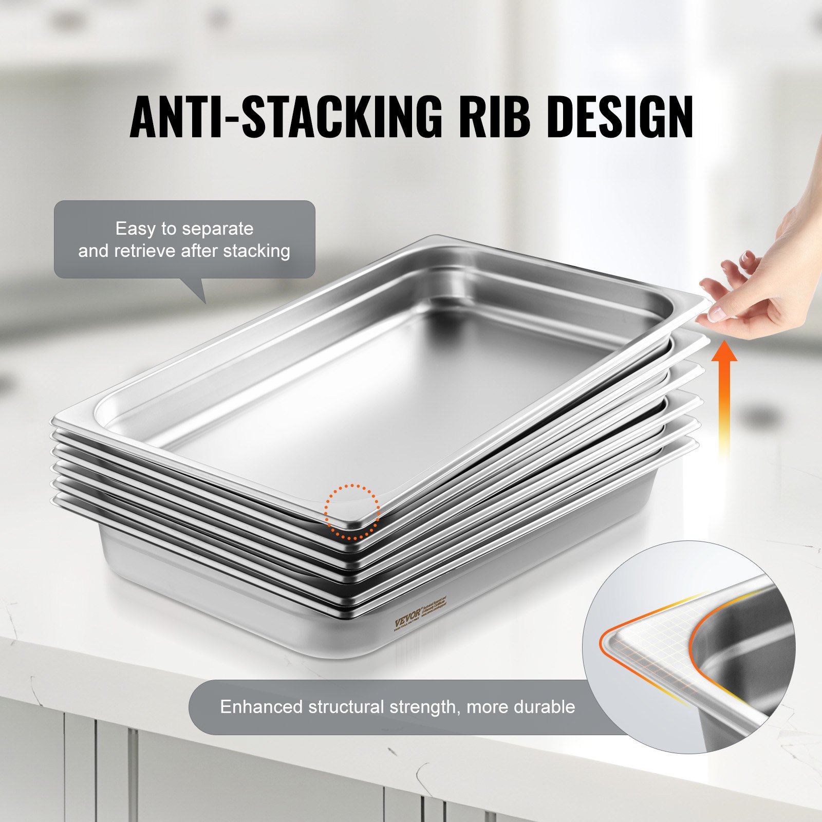 VEVOR Paquete de 6 Sartenes de Alimentos de Hotel, Sartén de Vapor Antiatasco de Tamaño Completo, Acero Inoxidable de 0,8 mm de Espesor, para Catering, para Industria y Ciencia, 530 x 328 x 67 mm