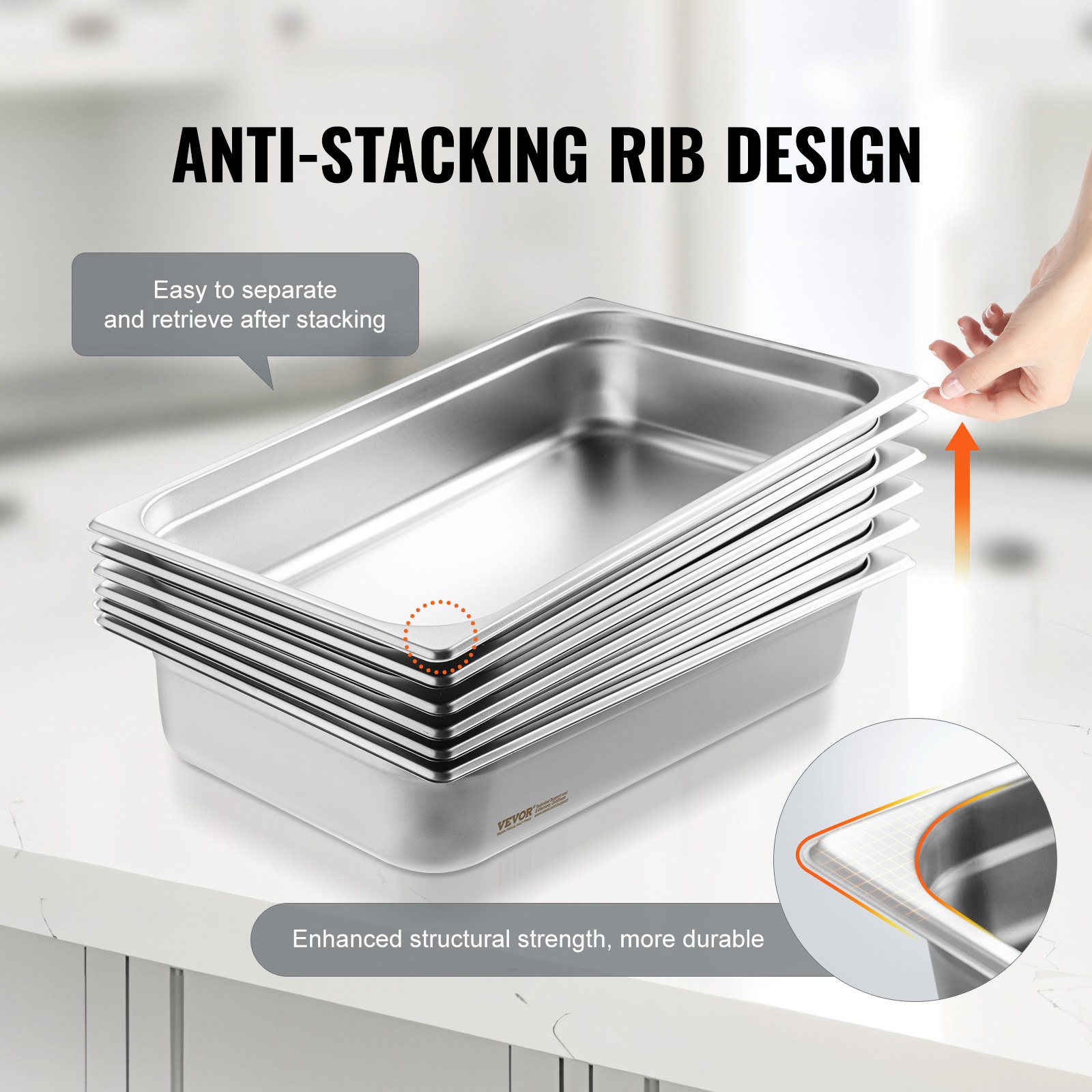 VEVOR Paquete de 6 Sartenes de Hotel, Sartén de Vapor Antiatasco de Tamaño Completo, Acero Inoxidable de 0,8 mm de Espesor, para Catering, para Industrial y Científico, 530 x 326 x 107 mm, Plata