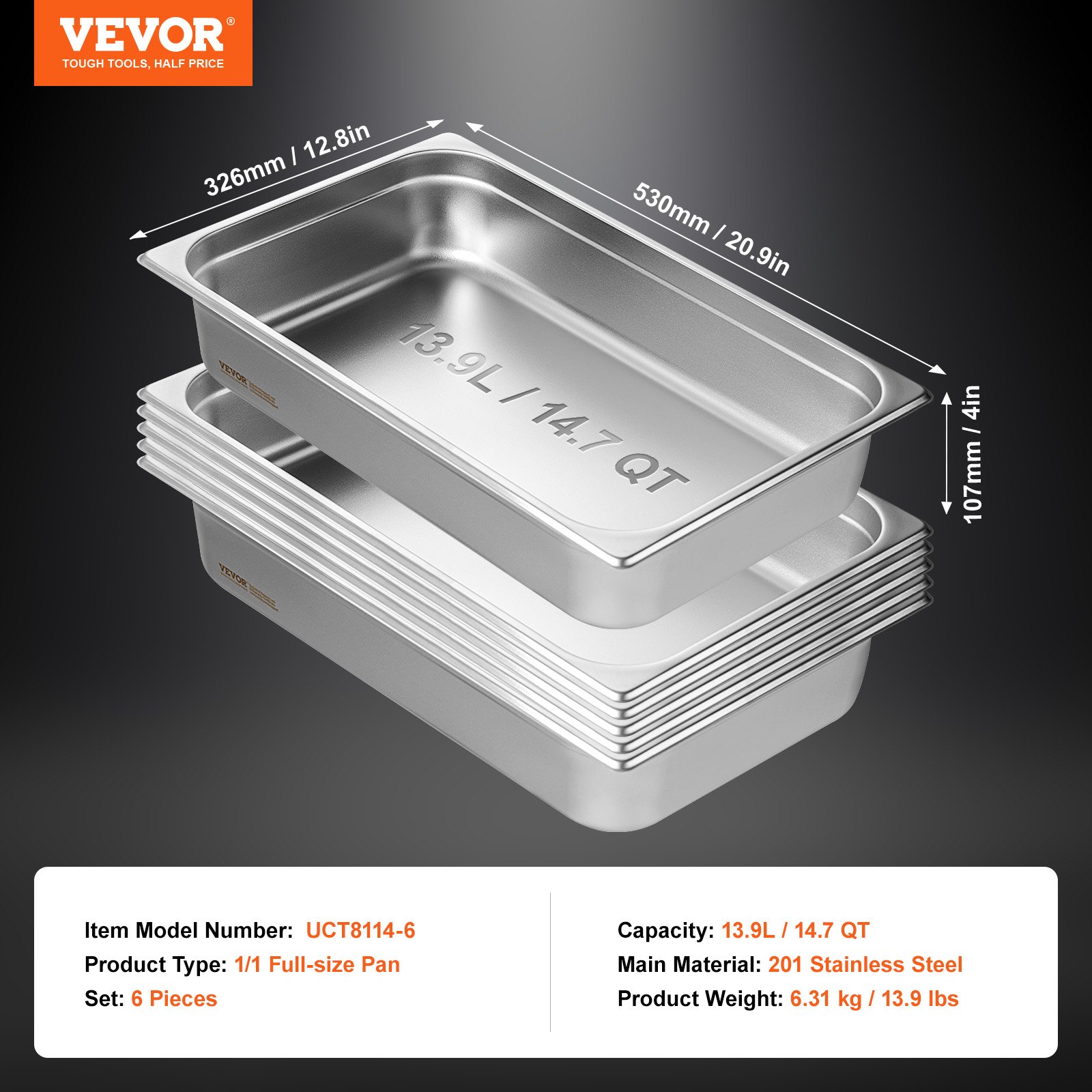 VEVOR Paquete de 6 Sartenes de Hotel, Sartén de Vapor Antiatasco de Tamaño Completo, Acero Inoxidable de 0,8 mm de Espesor, para Catering, para Industrial y Científico, 530 x 326 x 107 mm, Plata