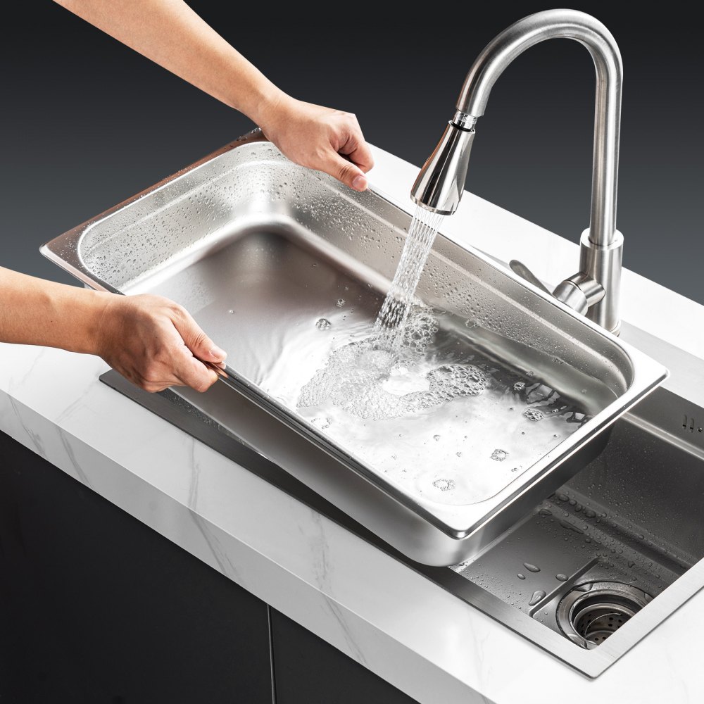 VEVOR Paquete de 4 sartenes de hotel, sartén de vapor antiatasco de tamaño completo con tapa, sartén de mesa de vapor de acero inoxidable de 0,8 mm de espesor, sartén de mesa comercial de 4 pulgadas de profundidad, sartén de almacenamiento de alimentos para catering, para industrial y científico