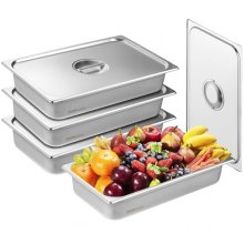 VEVOR Paquete de 4 sartenes de hotel, sartén de vapor antiatasco de tamaño completo con tapa, sartén de mesa de vapor de acero inoxidable de 0,8 mm de espesor, sartén de mesa comercial de 4 pulgadas de profundidad, sartén de almacenamiento de alimentos para catering, para industrial y científico