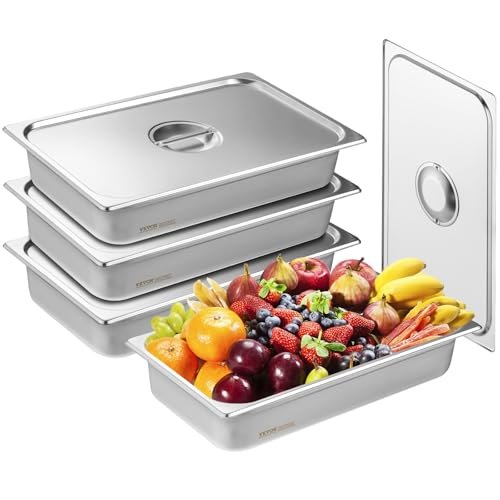 VEVOR Paquete de 4 sartenes de hotel, sartén de vapor antiatasco de tamaño completo con tapa, sartén de mesa de vapor de acero inoxidable de 0,8 mm de espesor, sartén de mesa comercial de 4 pulgadas de profundidad, sartén de almacenamiento de alimentos para catering, para industrial y científico