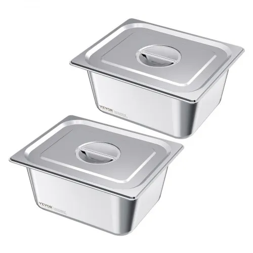 VEVOR Recipiente Gastronorm Reutilizable para Hotel 1/2 Tamaño, Paquete de 2, 9 L, Bandeja de Empanado de Acero Inoxidable con Tapa para Bufé de Fiestas, 325 x 265 x 149 mm, -4 °C a 260 °C, Plata