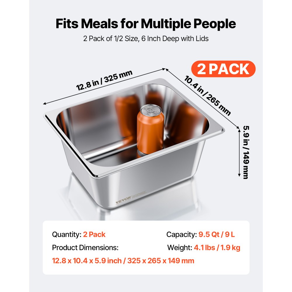 VEVOR Recipiente Gastronorm Reutilizable para Hotel 1/2 Tamaño, Paquete de 2, 9 L, Bandeja de Empanado de Acero Inoxidable con Tapa para Bufé de Fiestas, 325 x 265 x 149 mm, -4 °C a 260 °C, Plata