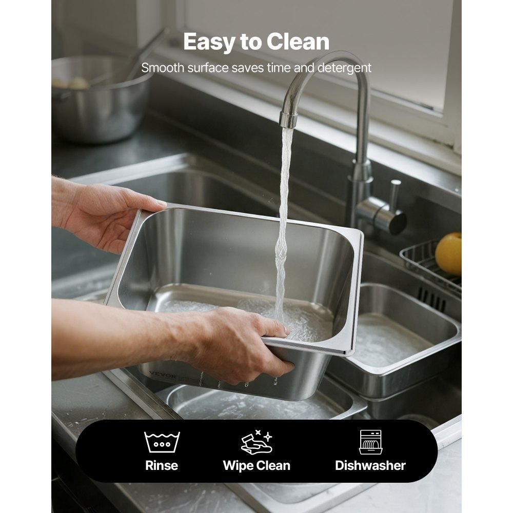 VEVOR Recipiente Gastronorm Reutilizable para Hotel 1/2 Tamaño, Paquete de 2, 9 L, Bandeja de Empanado de Acero Inoxidable con Tapa para Bufé de Fiestas, 325 x 265 x 149 mm, -4 °C a 260 °C, Plata