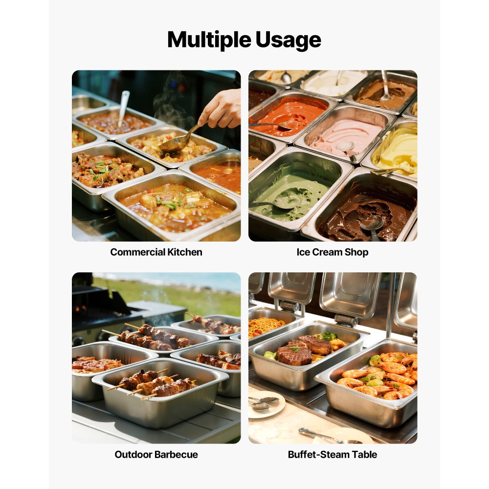 VEVOR Recipiente Gastronorm Reutilizable para Hotel 1/2 Tamaño, Paquete de 2, 9 L, Bandeja de Empanado de Acero Inoxidable con Tapa para Bufé de Fiestas, 325 x 265 x 149 mm, -4 °C a 260 °C, Plata