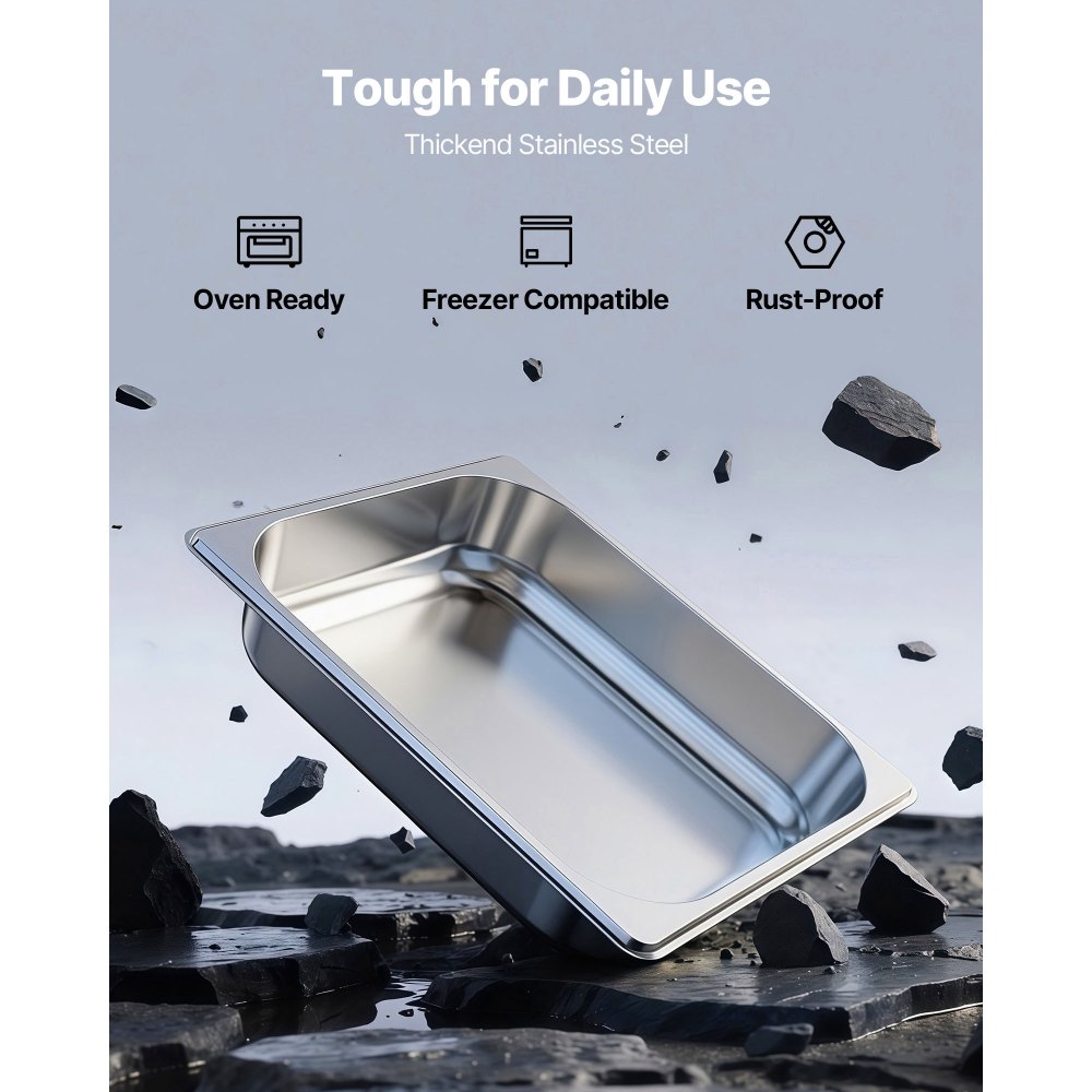 VEVOR Recipiente Gastronorm Reutilizable 1/2 Tamaño, Bandeja de Empanado de Acero Inoxidable, Contenedor de Alimentos para Fiestas, Catering, Restaurantes y Bufés, 325 x 265 x 64 mm, 4 uds, 3,8 L