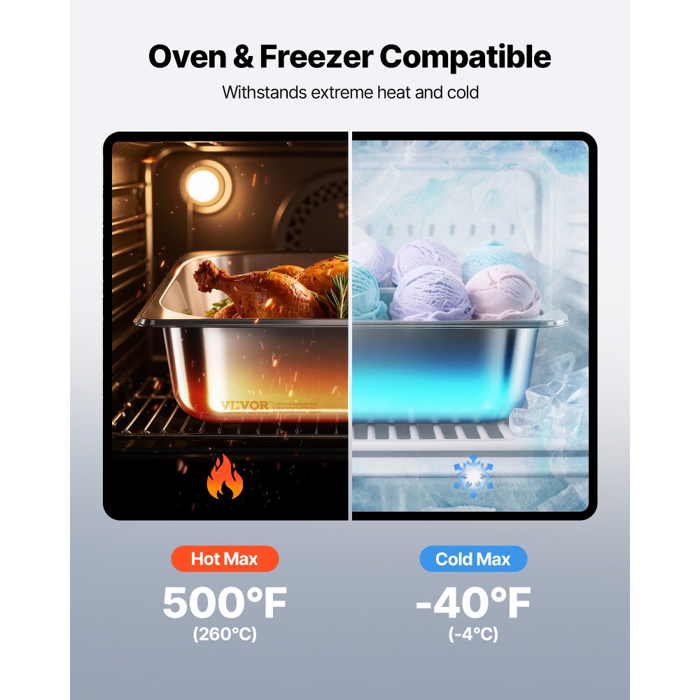 VEVOR Recipiente Gastronorm para Hotel 1/2 Tamaño, Paquete de 6, 6 L, Recipientes Reutilizables, Acero Inoxidable, Bandeja para Alimentos para Fiestas, Restaurantes y Bufés, 325 x 265 x 99 mm