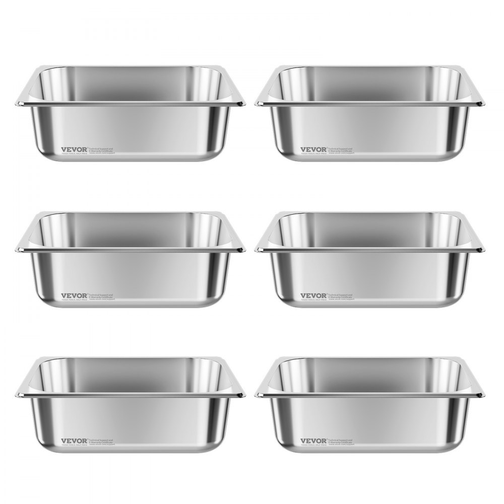 VEVOR Recipiente Gastronorm para Hotel 1/2 Tamaño, Paquete de 6, 6 L, Recipientes Reutilizables, Acero Inoxidable, Bandeja para Alimentos para Fiestas, Restaurantes y Bufés, 325 x 265 x 99 mm