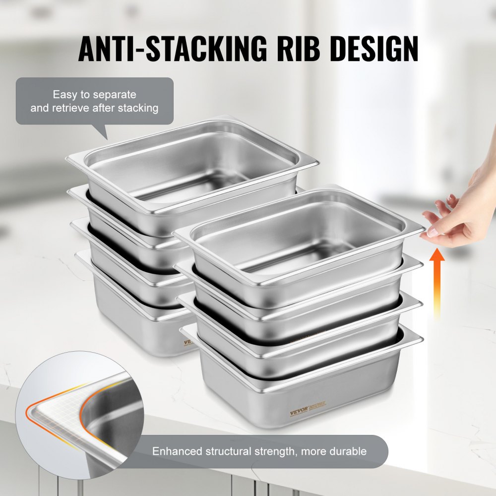 VEVOR Paquete de 8 sartenes de hotel, sartén de vapor antiatasco de tamaño 1/2 con tapa, sartén de mesa de vapor de acero inoxidable de 0,8 mm de espesor, sartén de mesa comercial de 4 pulgadas de profundidad, sartén de almacenamiento de alimentos para catering, para industrial y científico