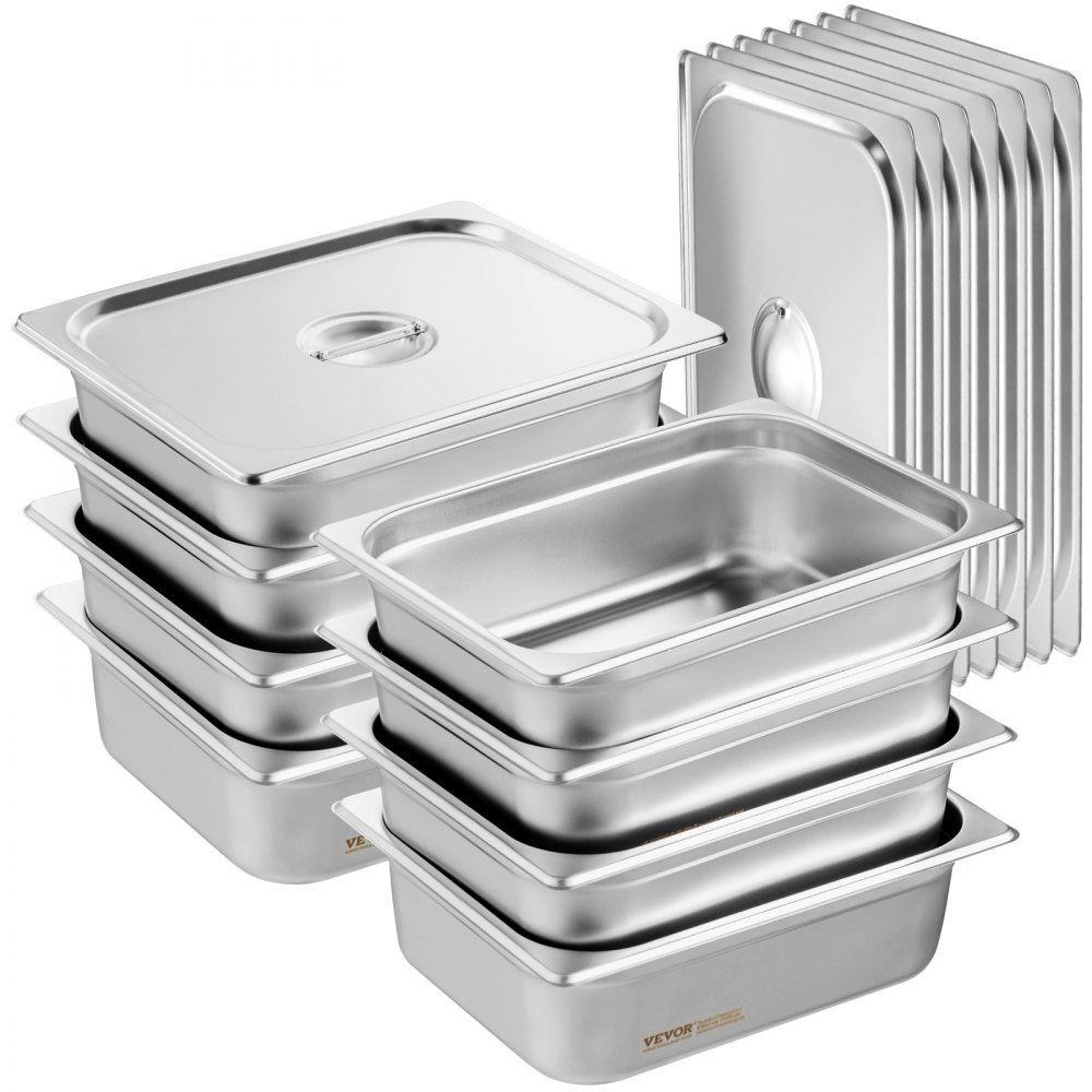 VEVOR Paquete de 8 sartenes de hotel, sartén de vapor antiatasco de tamaño 1/2 con tapa, sartén de mesa de vapor de acero inoxidable de 0,8 mm de espesor, sartén de mesa comercial de 4 pulgadas de profundidad, sartén de almacenamiento de alimentos para catering, para industrial y científico