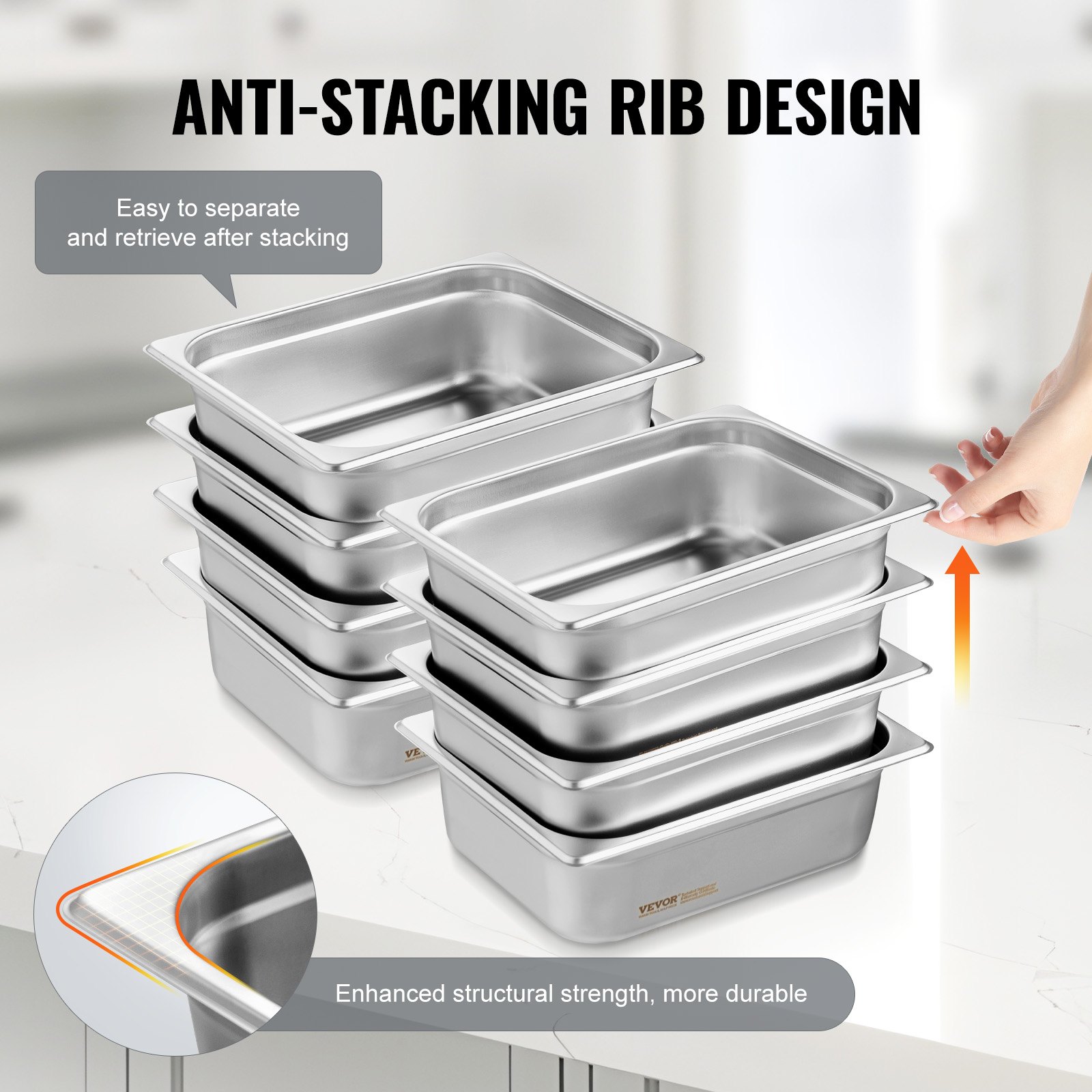 VEVOR Paquete de 8 sartenes de hotel, sartén de vapor antiatasco de tamaño 1/2 con tapa, sartén de mesa de vapor de acero inoxidable de 0,8 mm de espesor, sartén de mesa comercial de 4 pulgadas de profundidad, sartén de almacenamiento de alimentos para catering, para industrial y científico