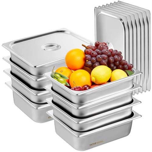 VEVOR Paquete de 8 sartenes de hotel, sartén de vapor antiatasco de tamaño 1/2 con tapa, sartén de mesa de vapor de acero inoxidable de 0,8 mm de espesor, sartén de mesa comercial de 4 pulgadas de profundidad, sartén de almacenamiento de alimentos para catering, para industrial y científico
