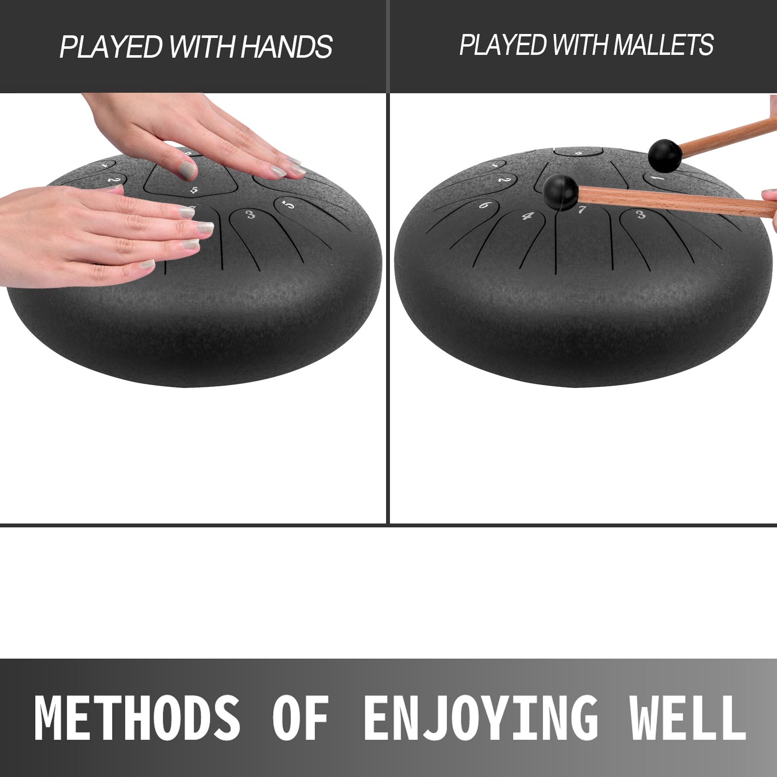 VEVOR Han Pan Tambor con Lengüeta de Acero 13 Notas 12 pulgadas (30cm) con Bolsa, Púas Negro, Libro, Mazos