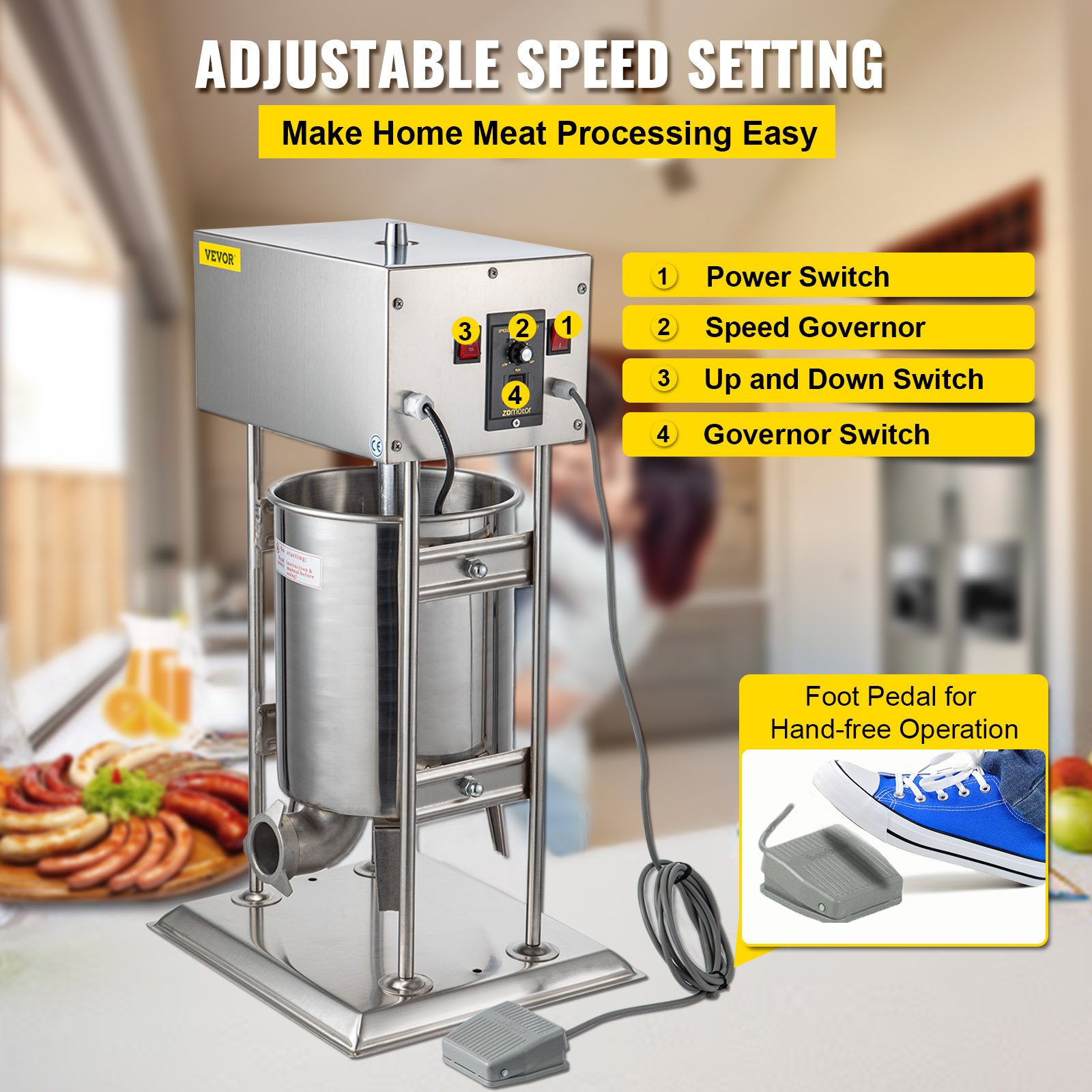 VEVOR Embutidora de Salchichas Electrico de Acero Inoxidable 12L Máquina de Salchichas Embutidos Electrico de Acero Inoxidable  58.4 lbs Máquina para Hacer Salchichas con 5 Tubos