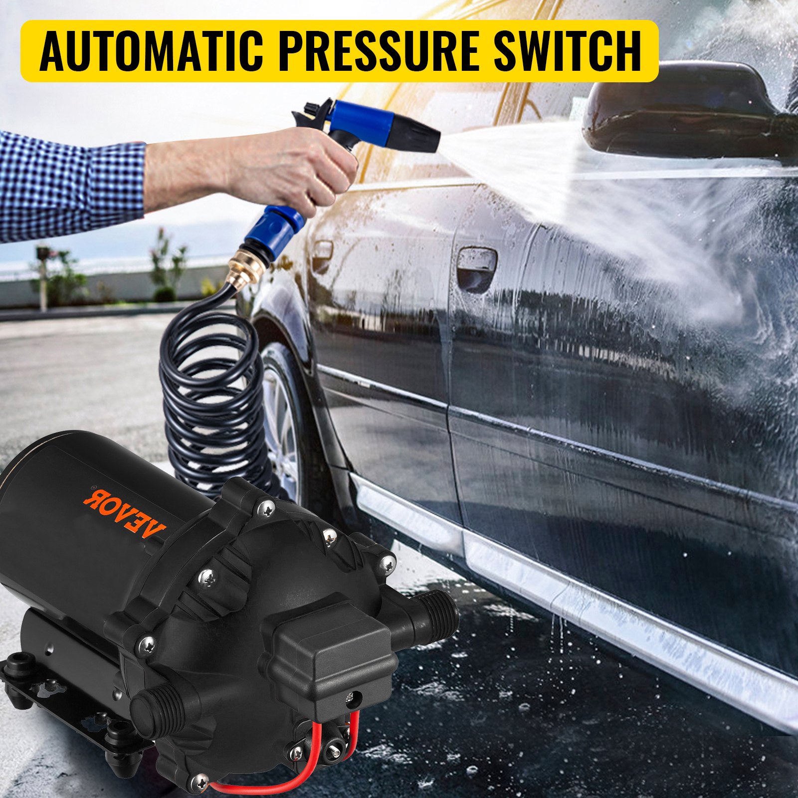 VEVOR Bomba de Lavado para Coche Alta Presión de 12 V Lavadora Eléctrica Portátil con Interruptor Kit Completo de Limpieza de Pistola Pulverización 5,5 GPM Bomba Lavadora 70 PSI para Coche Barco Suelo