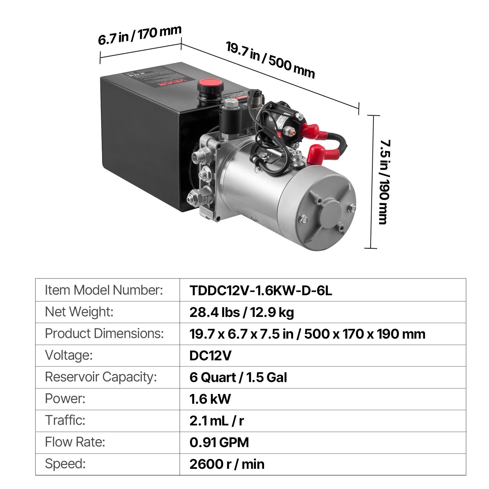 VEVOR Bomba Hidráulica de Simple Efecto 6 Cuartos 12 V CC, Bomba del Remolque Volquete Caudal de 3,4 L/min, con Depósito Metálico para Elevación de Vehículos, Elevadores de Tijera, Apiladores