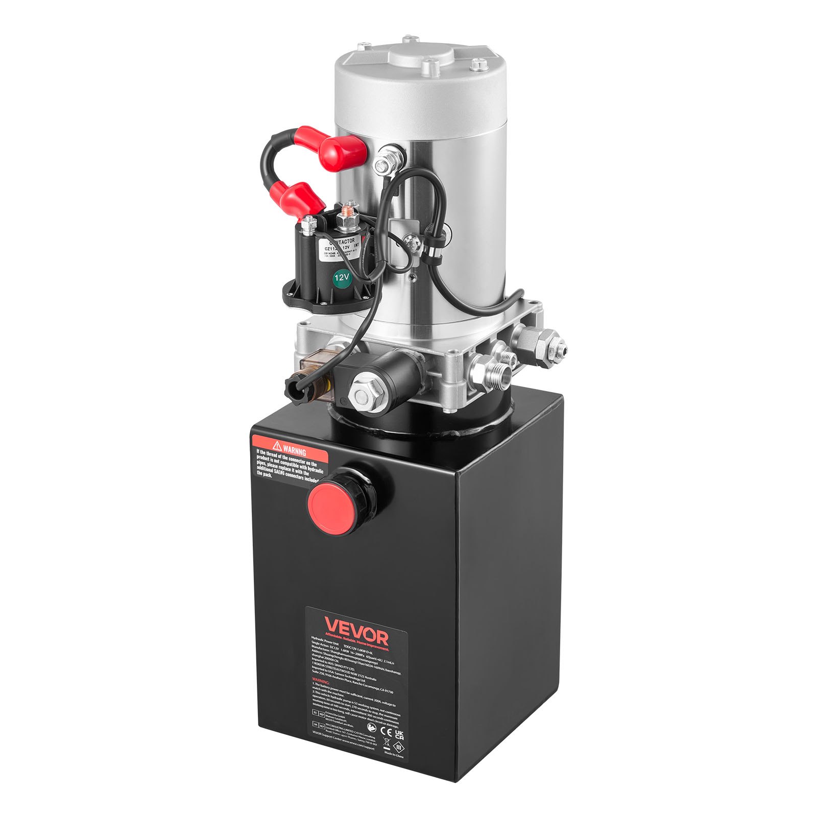 VEVOR Bomba Hidráulica de Simple Efecto 6 Cuartos 12 V CC, Bomba del Remolque Volquete Caudal de 3,4 L/min, con Depósito Metálico para Elevación de Vehículos, Elevadores de Tijera, Apiladores