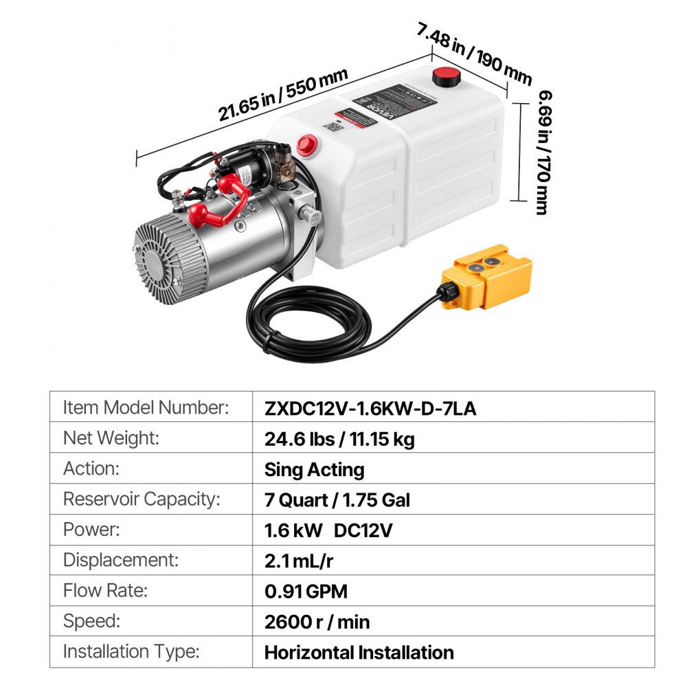 VEVOR Bomba Hidráulica Acción Simple 7 Cuartos 12 V CC, 1,6 kW, Mesas Elevadoras, Presión Máxima de Alivio de 22 MPa, Caudal de 3,4 L/min, Instalación Horizontal, para Remolques Basculantes, Blanco