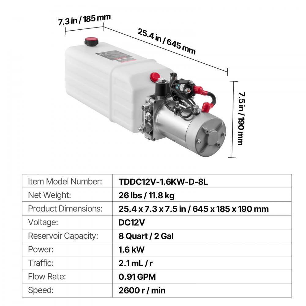 VEVOR Bomba Hidráulica de Simple Efecto 8 Cuartos 12 V CC, Bomba del Remolque Volquete Caudal de 3,4 L/min, Presión Máxima de Alivio de 22 MPa, para Elevación de Vehículos, Elevadores de Tijera