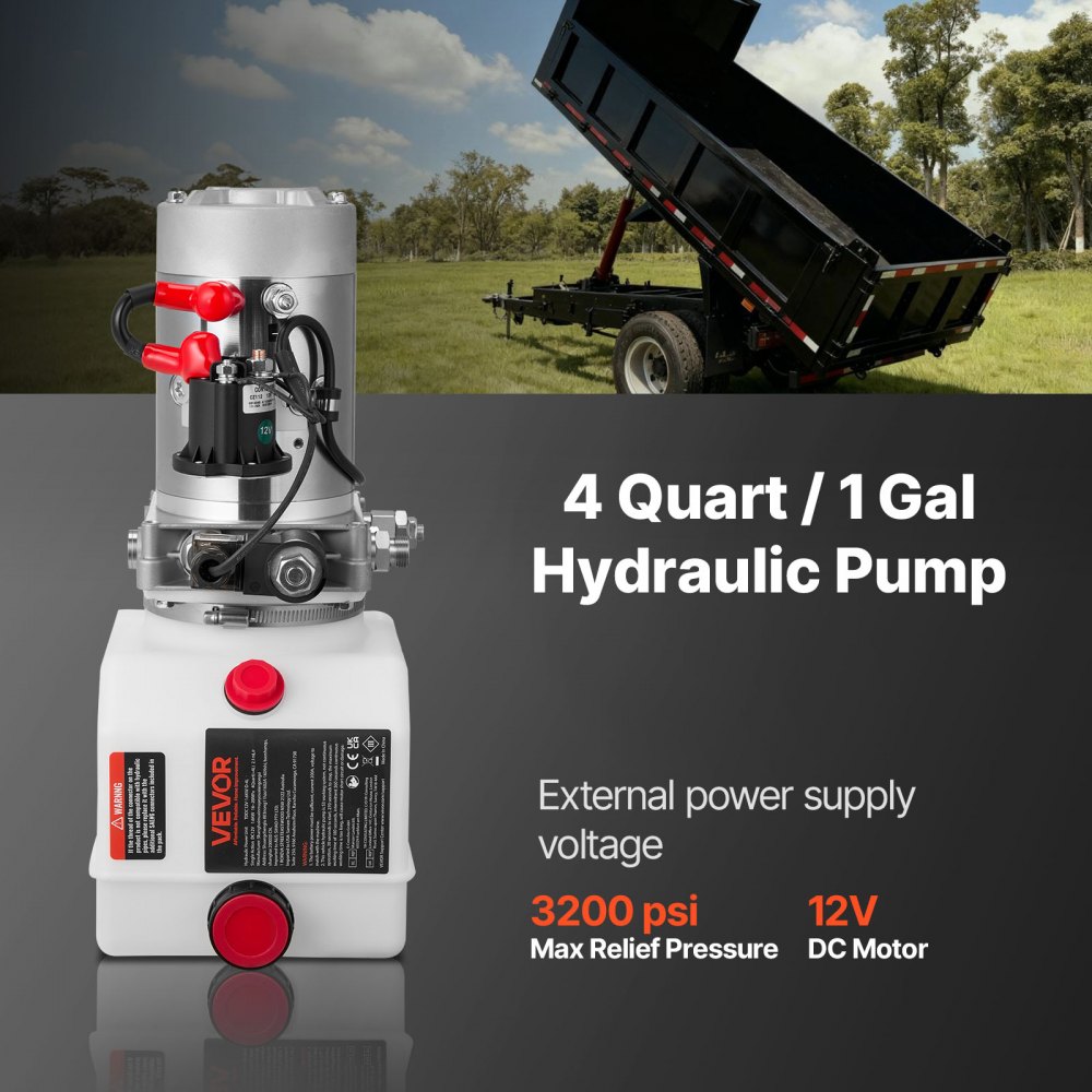 VEVOR Bomba Hidráulica de Simple Efecto 4 Cuartos 12 V CC, Bomba del Remolque Volquete Caudal de 3,4 L/min, Presión Máxima de Alivio de 22 MPa, para Elevación de Vehículos, Elevadores de Tijera
