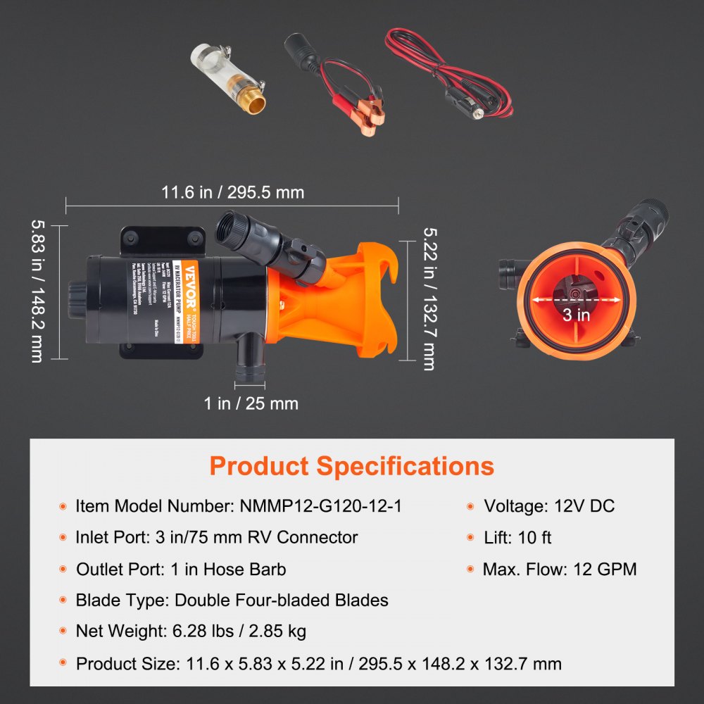 VEVOR Bomba Maceradora Para Vehículos Recreativos 12 V 45 L/Min de Liberación Rápida, con Válvula de Conexión Rápida Extraíble, Abrazadera de Manguera y Cable de Alimentación para Aguas Residuales